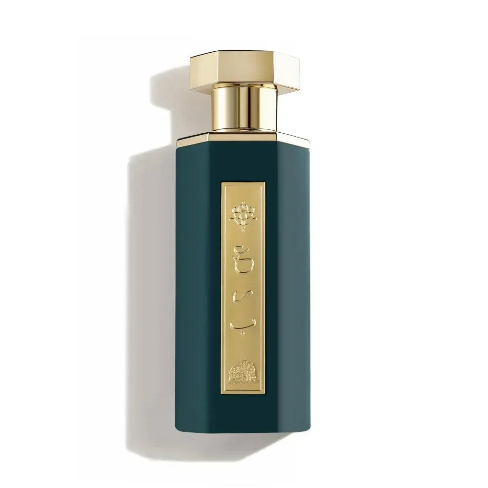Elegant dark green perfume bottle with gold accents and embossed details, evoking luxury and oriental essence.
