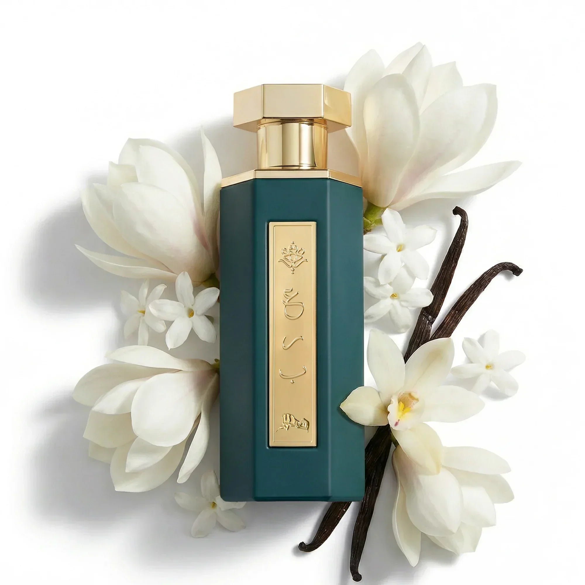 Elegant teal perfume bottle with gold accents, surrounded by white flowers and vanilla beans