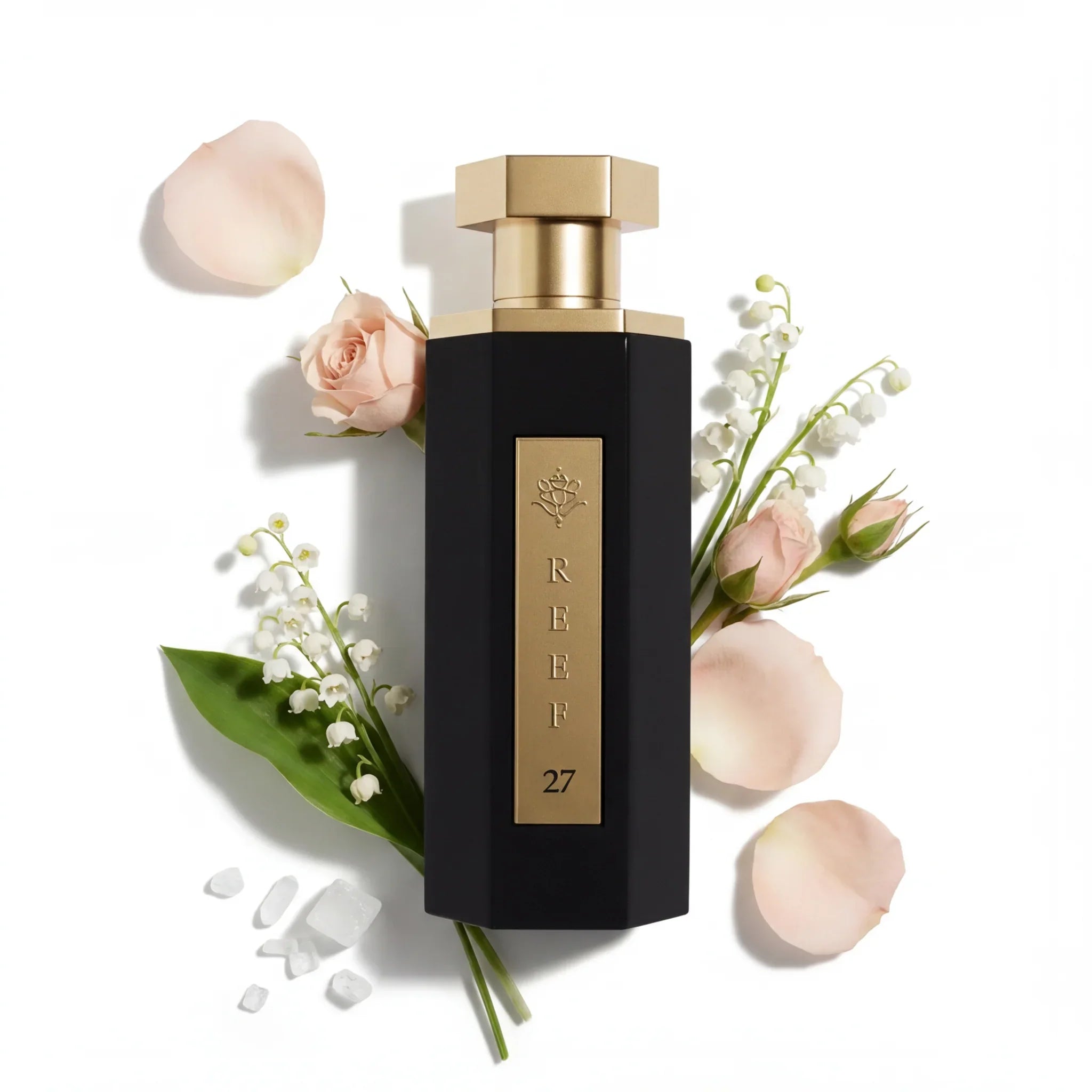 REEF 27 luxury perfume bottle with rose and lily of the valley flowers, elegant fragrance design