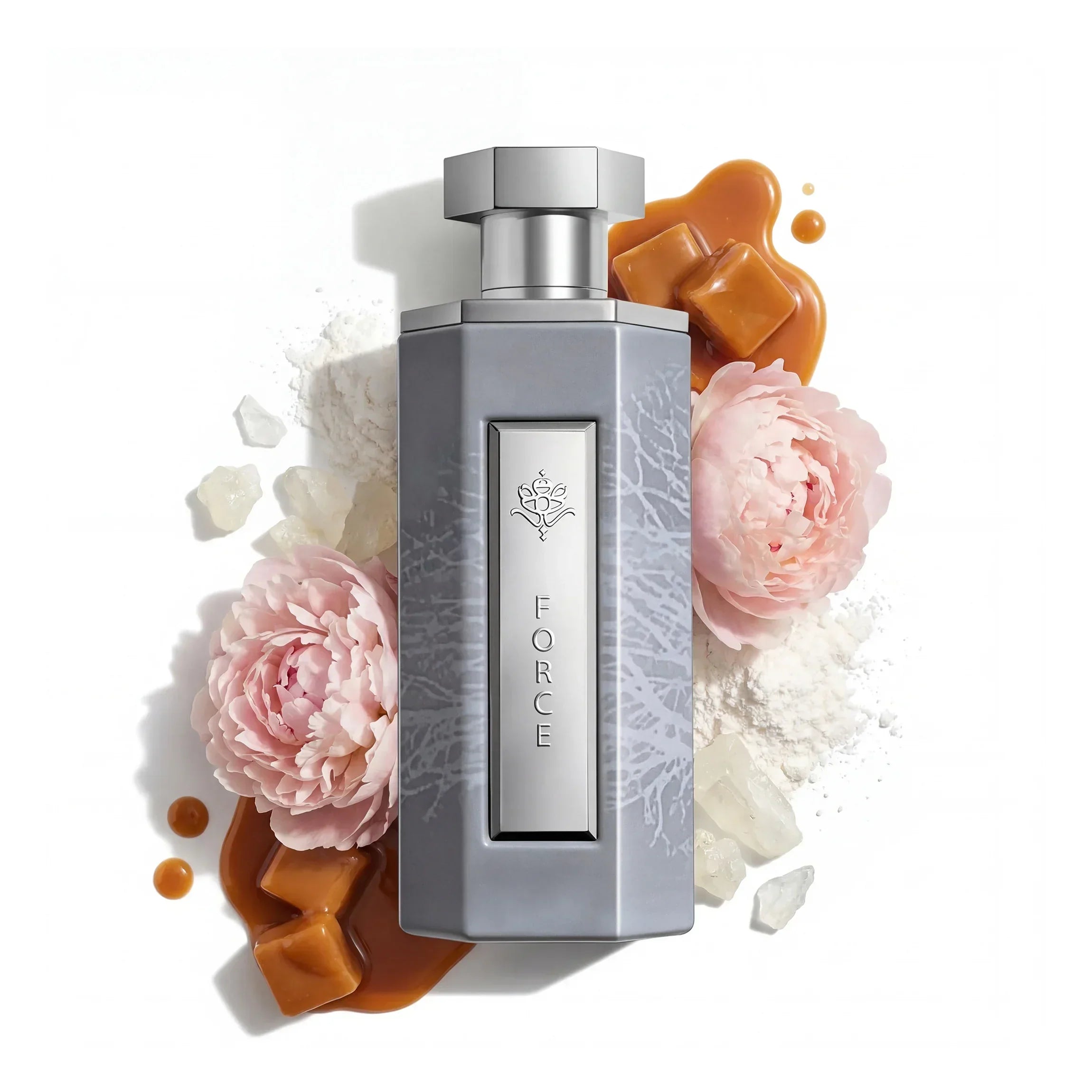 Elegant perfume bottle with pink peonies, caramel, and crystals, evoking luxury and oriental notes